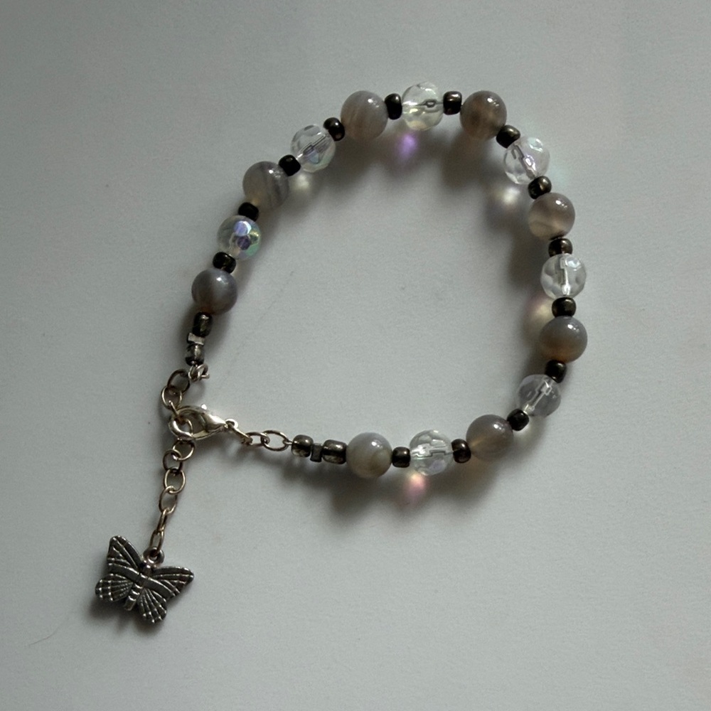 Elegant Silver and Gray Beaded Bracelet with Butterfly Charm